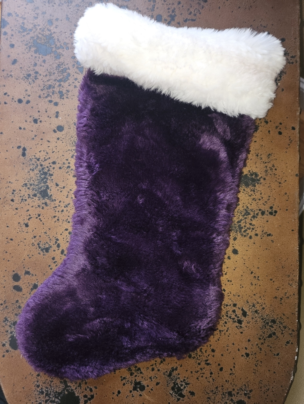 Plush Purple Holiday Stocking with White Faux Fur Cuff